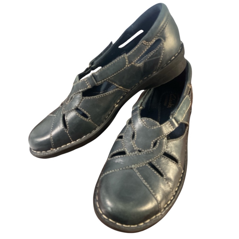 Clarks Navy Blue Leather Mary Janes Bendable Cushioned Comfort Strap Flats 7.5